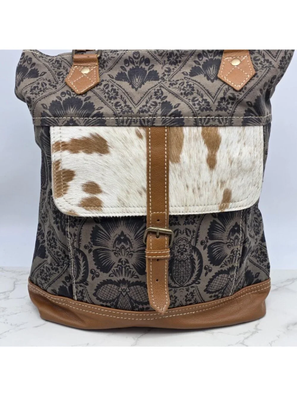 Myra Bag Tote Handbag Womens Brown Canvas Cowhide Leather Floral Western Boho